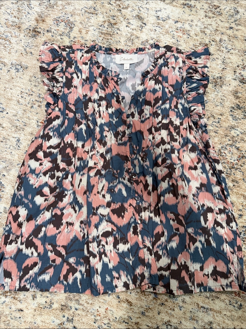 Cleobella Slate Blue and Blush Printed Ruffle Sleeve Top